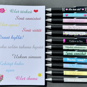 SETTI Vihko voimalausein ja kynä vahvuustekstillä (pun)